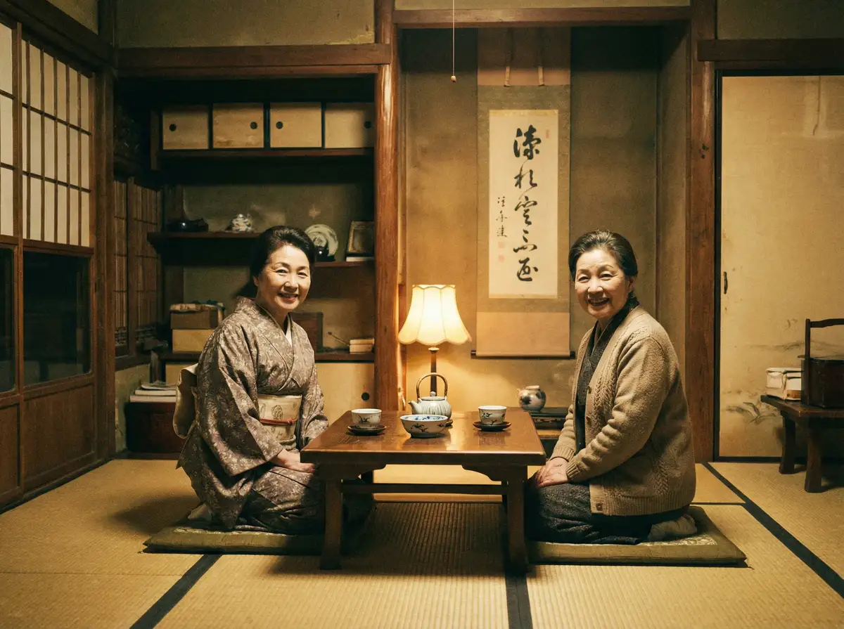 两位优雅的 51视频 在日式茶室中品茶交谈